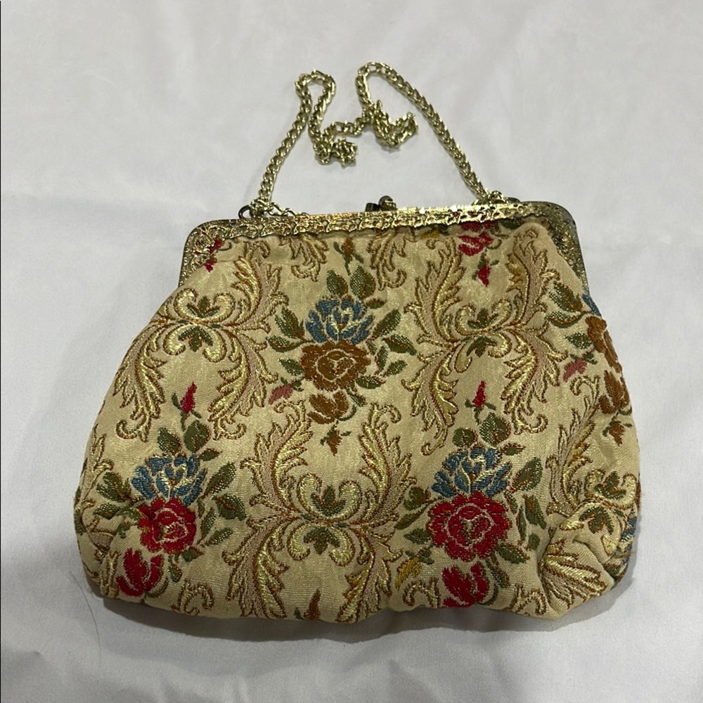 Vintage Gold Red  Floral Tapestry Clutch with Gold Chain